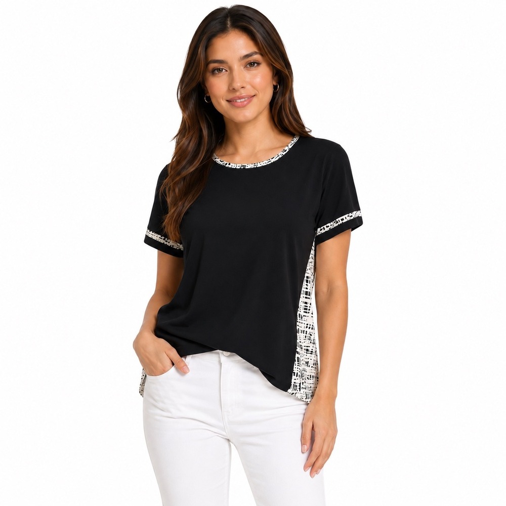 DKNYC Womens Black White Mixed Media Grid Print Short Sleeve Top Size M